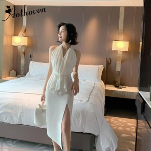 Summer Up Lace Ruffles Sexy Party Dresses White Sleeveless Halter Backless Women Office Dress Bandage Lady Elegant Dress Vestido