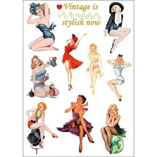 10x Sticker Vintage Sexy Girl A4 Size Phone iPad Tablet Laptop Luggage Skateboard Bicycle Motorcycle Auto Car Styling Decal