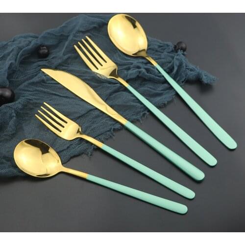 20/30Pcs Korean Green Food Portable Dinnerware Cutlery 304 Stainless Steel Table Knife Spoon Fork Dinner Set Gold Tableware Sets