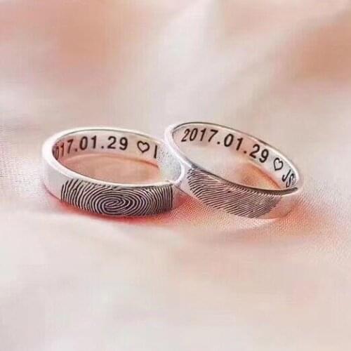 Amxiu 925 Sterling Silver Two Pieces Wedding Rings Custom Personalized Fingerprints Engrave Names Rings For Lovers Surprise Gift