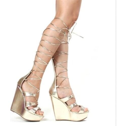 Summer Sexy Gold Leather Knee High Sandals boots Platform Stripper Wedge Cut Out Booties For Women Lace-up Female Big Size14 15