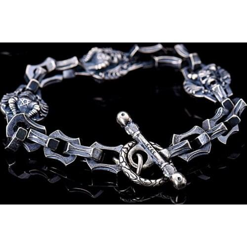 Real 100% 925 Silver Skeleton Bracelet 925 Sterling Skull Man Bracelet Vintage Thai Silver Punk Jewelry Bracelet Free Shipping