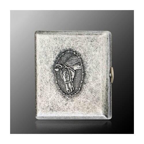 Hold 20pcs Retro Horse Head Silver Men Thin Cigarette Case Portable Tobacco Box Storage Cigarette Accessories Gift for Men