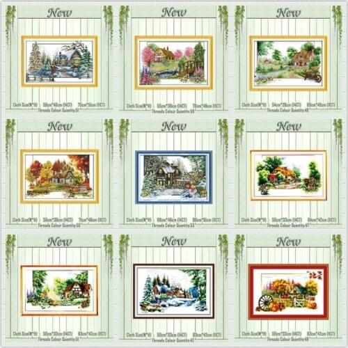 Four season summer Autumn scenery paintings counted printed on canvas DMC 11CT 14CT kits Cross Stitch embroidery needlework Sets