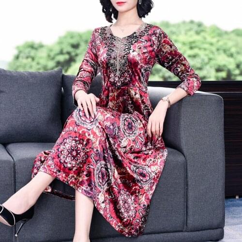 Floral Embroidery Gold Velvet Vintage Midi Dresses Spring Autumn 4XL Plus Size Long Dress Women Bodycon Elegant Party Vestidos