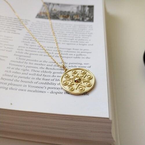 FASHION Authentic 925 Sterling silver sun flower pendant necklace gold geometry round card pattern necklace fINE Jewelry x281