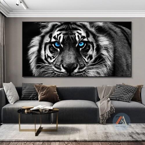 Blue Eyes Staring at Tiger Head Modern Printmaking Canvas Painting Mural Poster Living Room Bedroom Decorative Painting