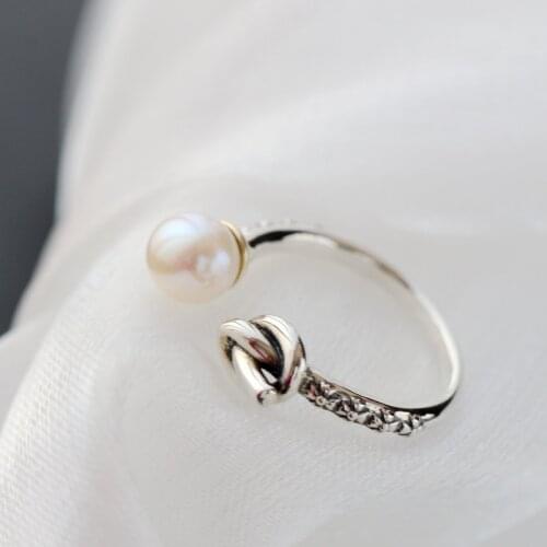 Authentic 925 Sterling Silver Fashion Inlaid 7mm Natural pearl Opening Adjustable Rings Handmade Creative Fine Jewelry Gift