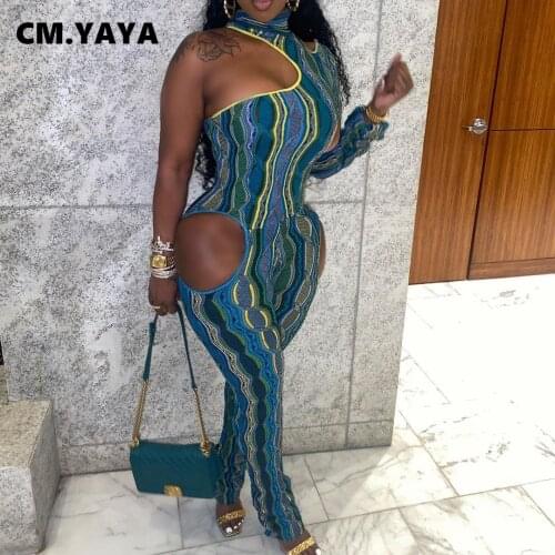 CM.YAYA Cut Out Hole One Sleeve Bodycon Jumpsuit Sexy Beach Wave Striped Print Night Party Romper Playsuit