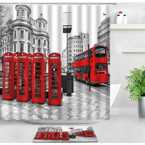Retro Red Telephone Booth Bus Shower Curtains And Bath Mats London Street Building Scenery Bathroom Carpet Non-slip Rug Door Pad