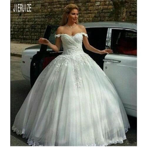 JIERUIZE Ball Gown Lace Appliques Wedding Dresses Sweetheart Off Shoulder Lace Up Back Bridal Wedding Gowns Vestido De Noiva