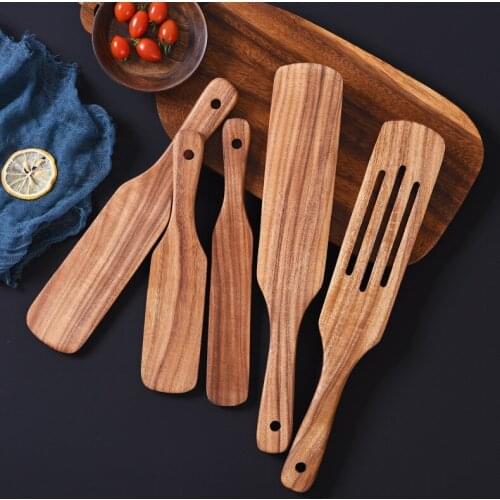 5pcs Kitchen Spatula Teak Natural Wood Tableware Ladle Turner Long Rice Colander Handle Skimmer Cooking Kitchen Utensil Tool Set