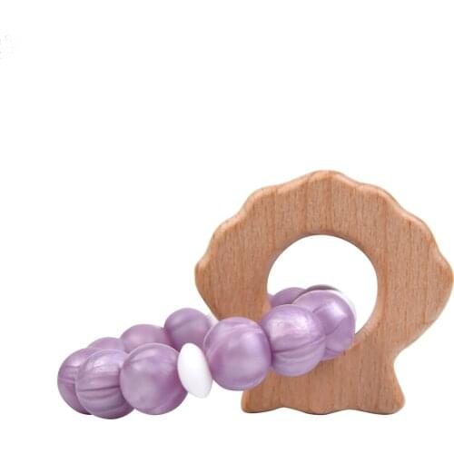 Mabochewing 1pcs Shell Shape Beech Wood Pendant Pearl Color Silicone Beads Teether Bracelet Chewing Baby Teethers