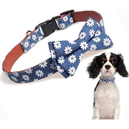 MGKPET Bow Tie Dog Collar Cute Flower Patterns Plaid Sturdy Soft Cotton&Leather Pet Collars for Medium Large Dogs Adjustable
