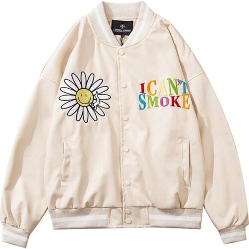 Street punk style PU leather couple casual jacket oversized daisy embroidery men and women baseball uniform bomber jacket