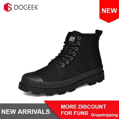 DOGEEK Men Boots Black Warm Winter Genuine Leather Ankle Boots Men Winter Work Shoes Men Military Fur Snow Boots for Men Botas