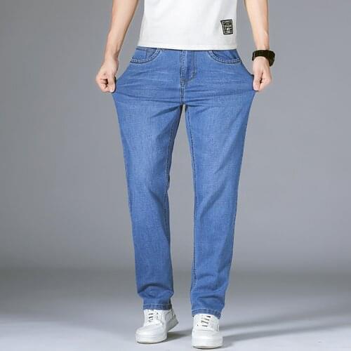 2021 summer new mens classic thin straight leg jeans business casual stretch jeans light blue trousers mens brand