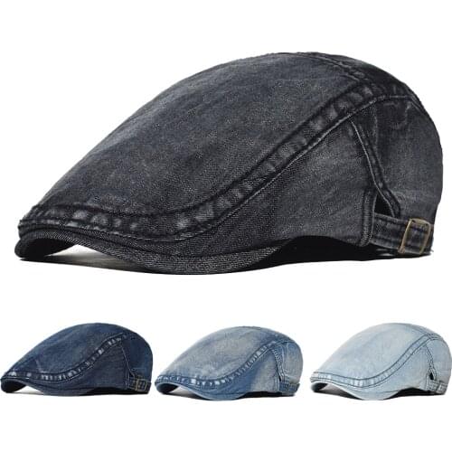 Mens Fashion Denim Flat Newsboy Ivy Cap Washed Distressed Peaked Cap Adjustable Cotton Vintage Ivy Gatsby Cabbie Hats Driving