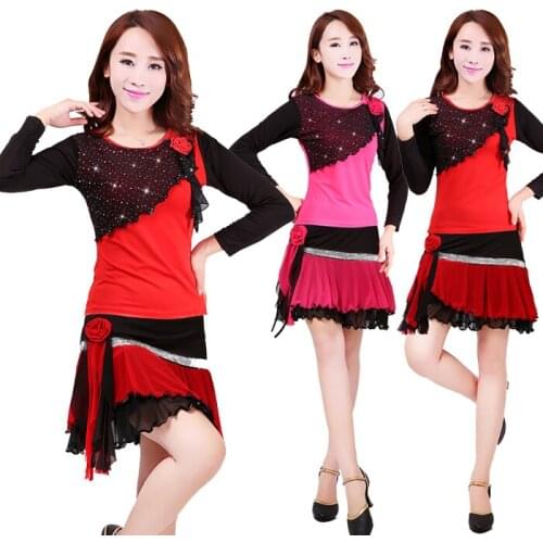 Fall and winter new long-sleeved shirt flowers Sequin short skirt adult Latin dance suit suit