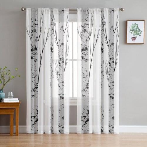 White Grey Birch Forest Plant Window Curtains for Living Room Kitchen Door Curtain Sheer Curtains for Bedroom