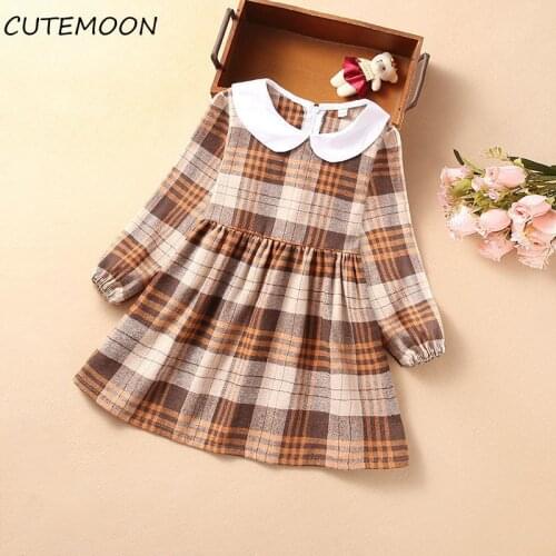 Autumn Toddler Baby Girls Dress Long Sleeve Doll collar Princess Dress Kids Plaid printing Pleated Fashion Children Casual Dress