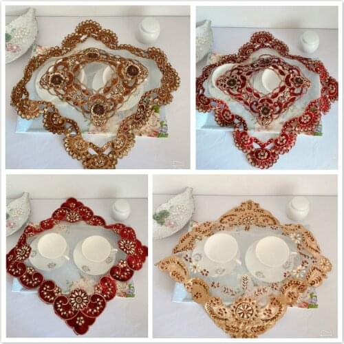 Luxury European Style Velvet Trim Beaded Square Lace Table Mat Placemat Coaster Bedroom Study Table Lamp Fruit Plate Cover Cloth