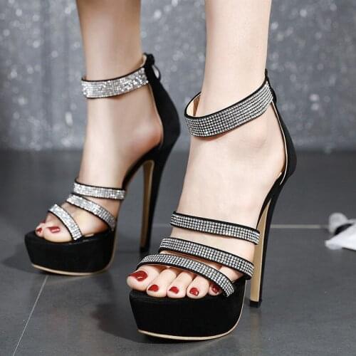 High-heeled Sandals for Woman Big Size Cow Leather Peep Toe Striped Platform Waterproof Sexy Stiletto Sandals Rhinestone Crystal