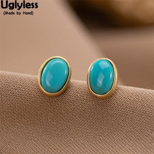 Uglyless 6MM MINI Gemstones Turquoise Studs Earrings for Women Oval Earrings 925 Silver Brincos Bijoux Ethnic Fashion Jewelry