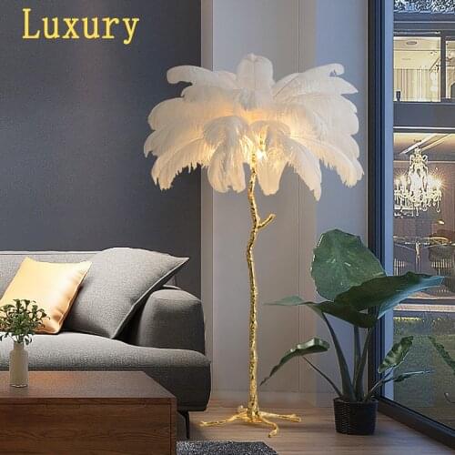 Modern Ostrich Feather Gold Floor Lamp Dress Copper Brass Resin Nordic Luxury Living Room Standing Lamps for Villa Tripot Hotel