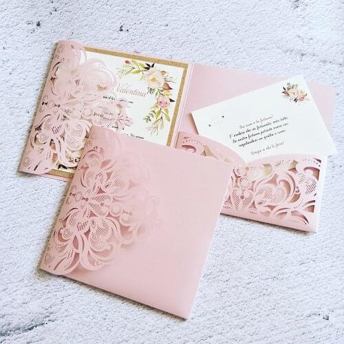 50X Pink Liao Wedding Invitation With Flower Personalized Printing And RSVP Card DIY Laser Cut Invites For Bridal Shower Party