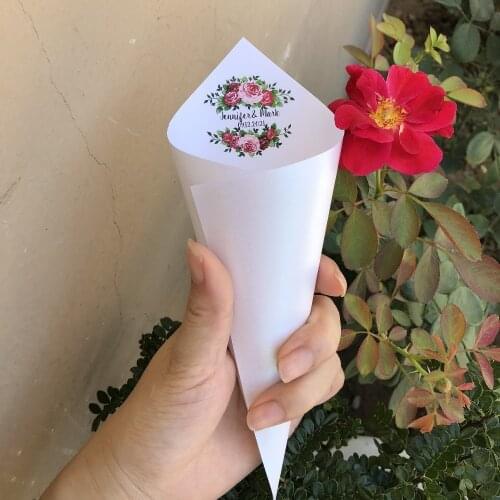 Vintage romantic marriage custom name Red rose wreath pearly ivory confetti cone papers DIY 25 wedding decorations
