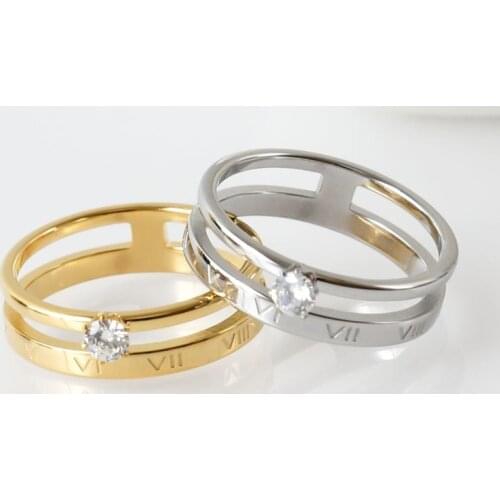 Stainless Steel Crystal Charm Rings Women Man Cubic Zirconia Gold Plating Two Layers Hollow Roman Letter Vintage Ring Jewelry