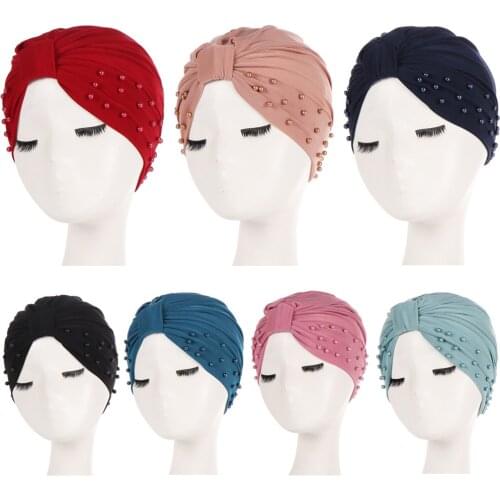 Women Bead Pearl Solid Color Elastic Hair Head Wrap Caps Ladies Turban Hats HATQD0047