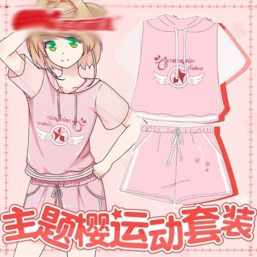 1set Anime Cardcaptor Sakura Short Sleeve Hooded T-shirt Shorts Suit Sportswear Daily Outdoor Costume for Women Girl Gift