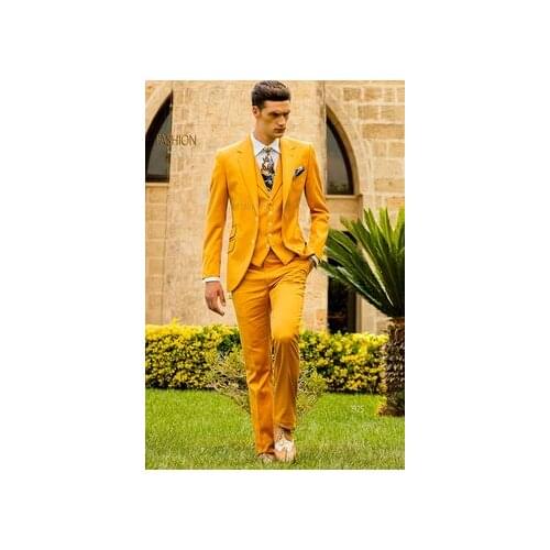 2017 Latest Coat Pant Designs Yellow Men Suit Slim Fit 3 Piece Suits Italian Tuxedo Custom Prom Party Blazer Terno Masculino D
