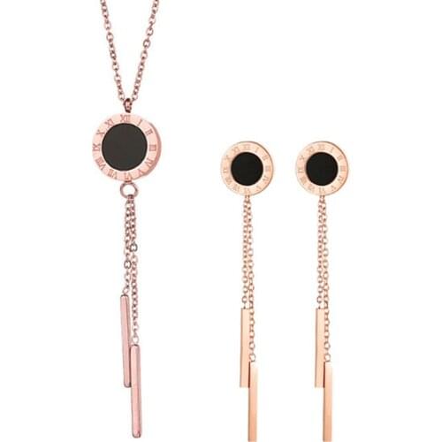 316L stainless steel rose gold Roman numeral geometric long Tassel Necklace Earring Set colorfast enamel Wedding Jewelry Set