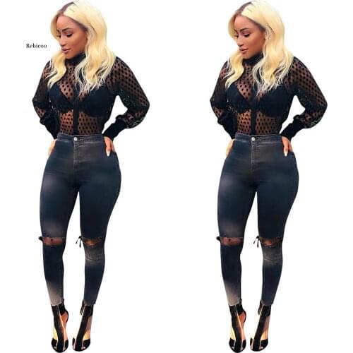 Long Sleeve Polka Dot Blouse Shirt Women See Through Sexy Party Tops Fashion Black Transparent Shirt