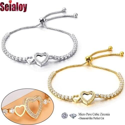 Seialoy High Quality Adjustable Length Cubic Zirconia Heart To Heart Bracelets For Women Men Fine Bracelet Lovers Couples Gift