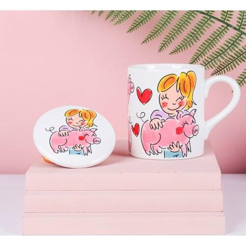 Handmade and Hand-Painted Drinking Cup Ceramic Mug Pig Girl Super Cute Cup with Lid Home for Girlfriend coffee mug kawaii
