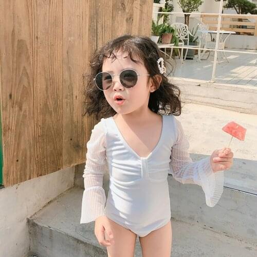 Children Long Sleeve Swimsuit For Girl One-Piece Cute Baby Swimwear Set White Black Baby Toddler Clothing