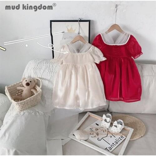 Mudkingdom Girls Satin Dress Mesh Pearls Puff Sleeve Square Collar Summer Princess Dresses for Toddler Short Sleeve Kids Clothes
