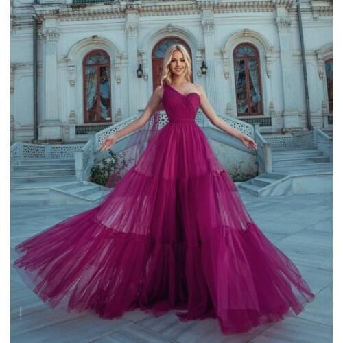 Fuchsia One Shoulder Prom Dress A Line Tulle African Plus Size Women Party Dresses Formal Evening Gowns