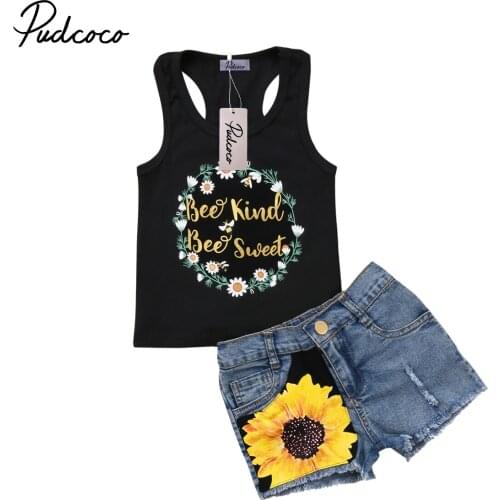 Girls Floral Denim Outfits Set Summer Kids Baby Girl Print T-shirt Tops Vest+Denim Jeans Pants Shorts Set Clothes