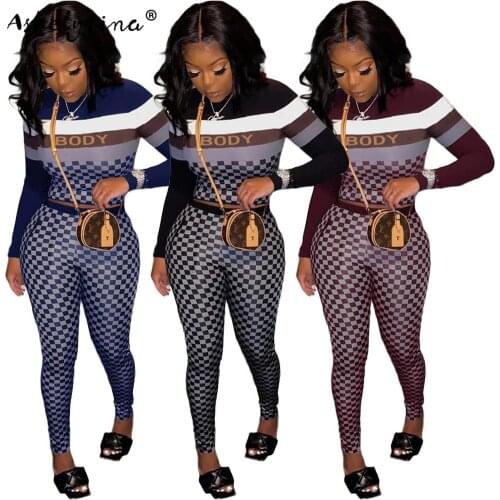 Fashion autumn and winter plaid womens 2-piece long-sleeved crop top + pants suit womens streetwear