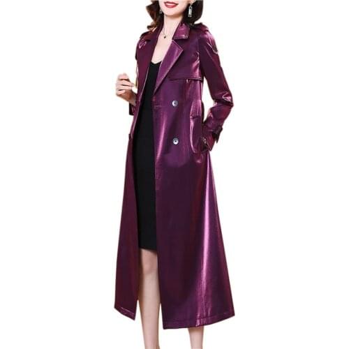 New Fashion Glossy Trench Coat Women Spring Autumn Casual Purple Black Windbreaker Double-Breasted Solid X-Long Outerwear KW1119