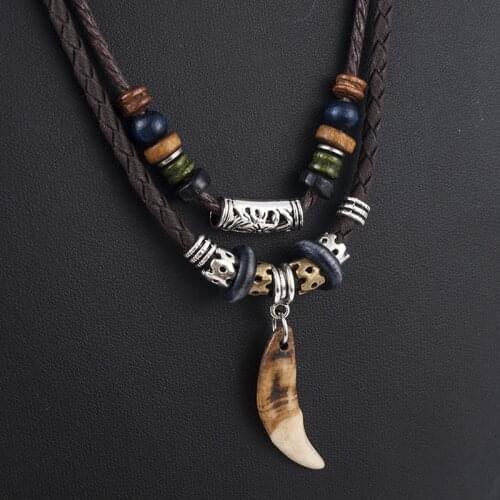 One Bohemian Mens Tooth Pendant Leather Beaded Necklace Christmas Gift Jewelry Statement Necklace Womens Necklace