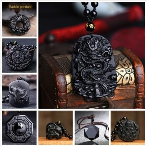 Popular Obsidian Wolf Head Dragon Figure Teng Feng Bagua Pendant Ruyi Elephant Guanyin Buddha Ornament Necklace Bulk Stone Party