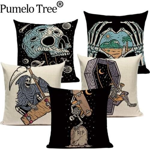 Colorful Skull Paradise Cushion Cover Skull Beach Fishing Decorative Pillows Sofa Cushion Case Linen Printed Decor Pillow Cover