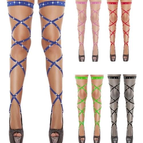 Sexy Fishnet Stockings Women Bandage Lingerie Carnival Diamond Thigh High Stockings Cross Long Socks Female Party Club Wear