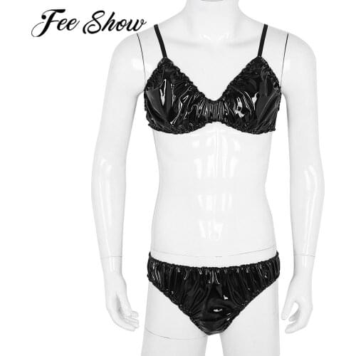 Sexy Costumes For Men Black Leather Ruffled Sissy Lingerie Set Bra Tops & Bikini Briefs Underwear Exotic Panties Party Clubwear